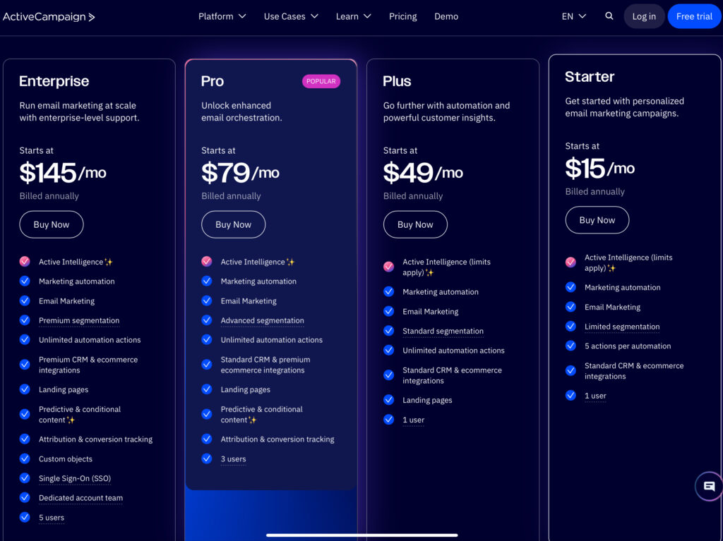ActiveCampaign vs SendinBlue 2026 pricing screenshot with features and plan comparison