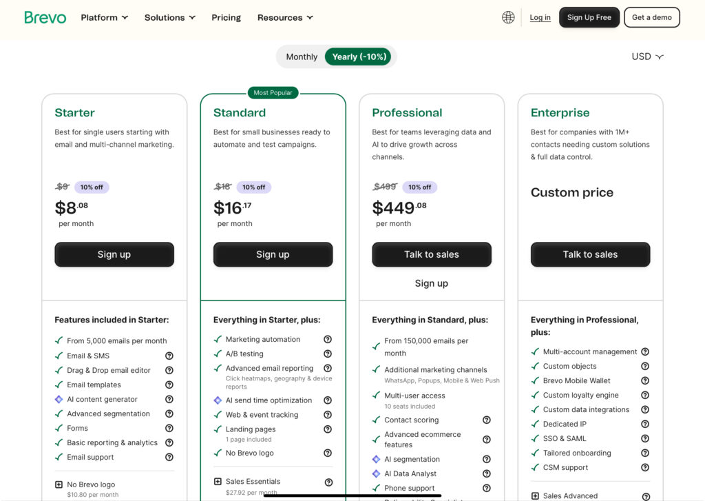 SendinBlue 2026 pricing screenshot