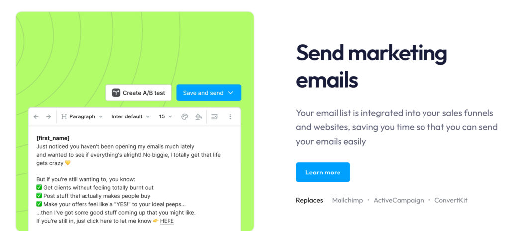 System.io email marketing and funnel integration dashboard, showing all-in-one platform for beg