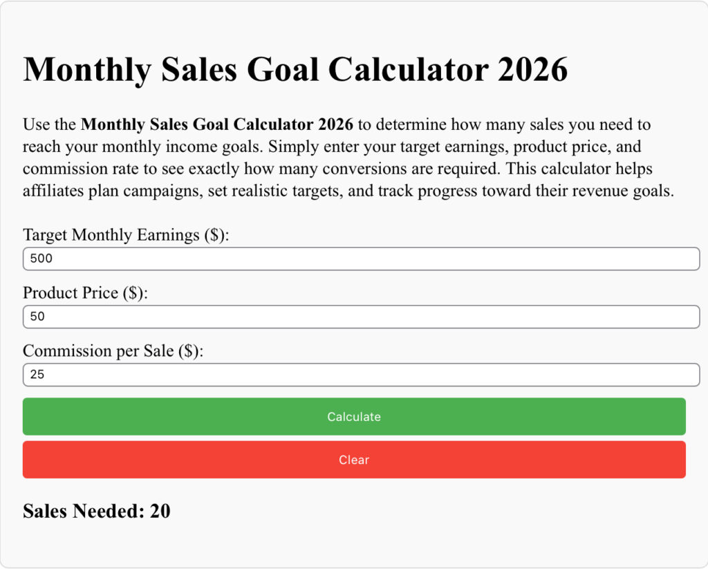 Monthly Sales Goal Calculator 2026 screenshot showing input fields and calculate button