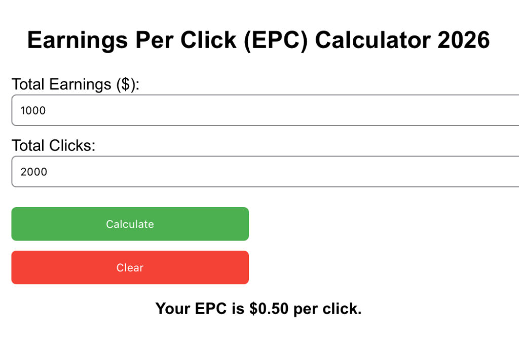 Earnings Per Click EPC Calculator 2026 showing example inputs and results for affiliate marketing
