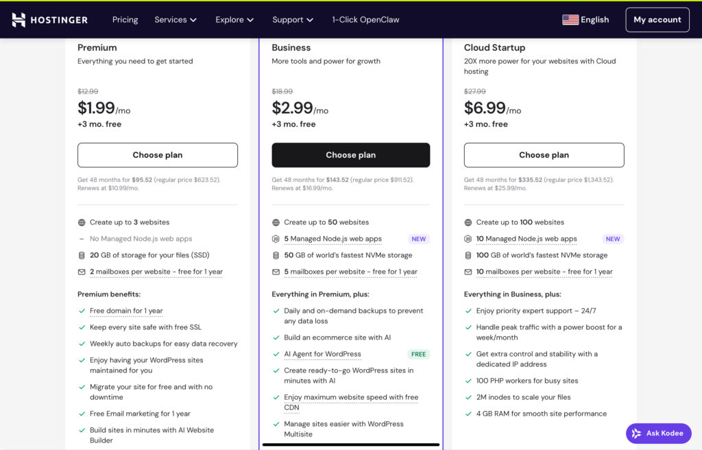 Hostinger 2026 pricing plans for beginners – shared, cloud, and VPS hosting comparison