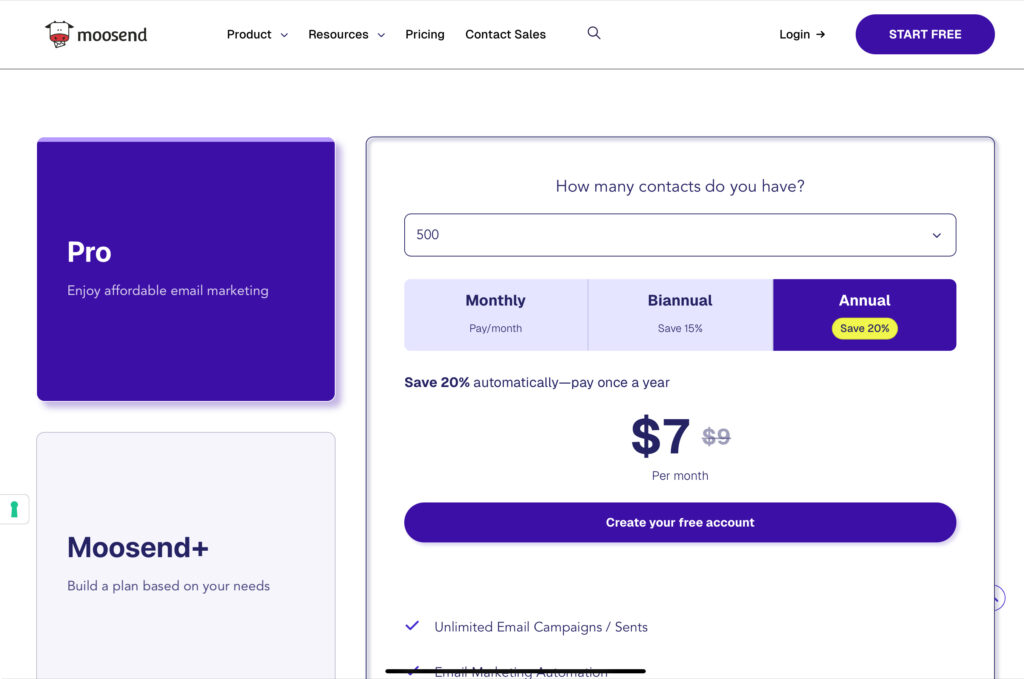 Moosend email marketing pricing plans showing monthly and annual subscription options