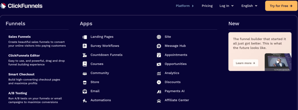 ClickFunnels dashboard displaying funnel builder tools, features, and navigation for creating sales funnels.