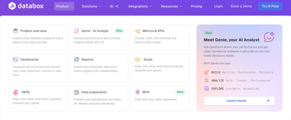 Databox product overview showing business analytics dashboard and key metrics