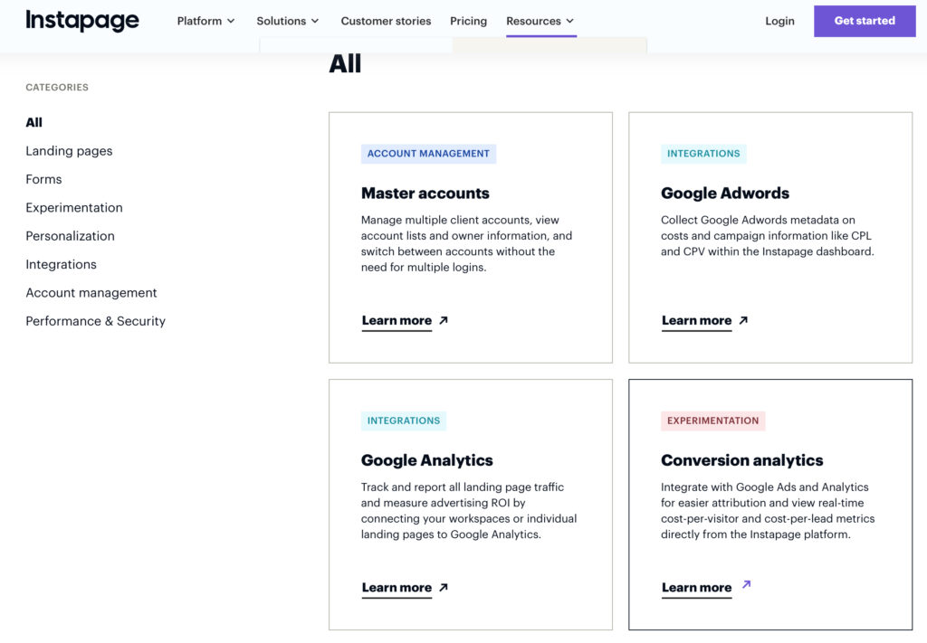 Instapage vs clickfunnels landing page platform menu showing features like forms, experimentation, and integrations