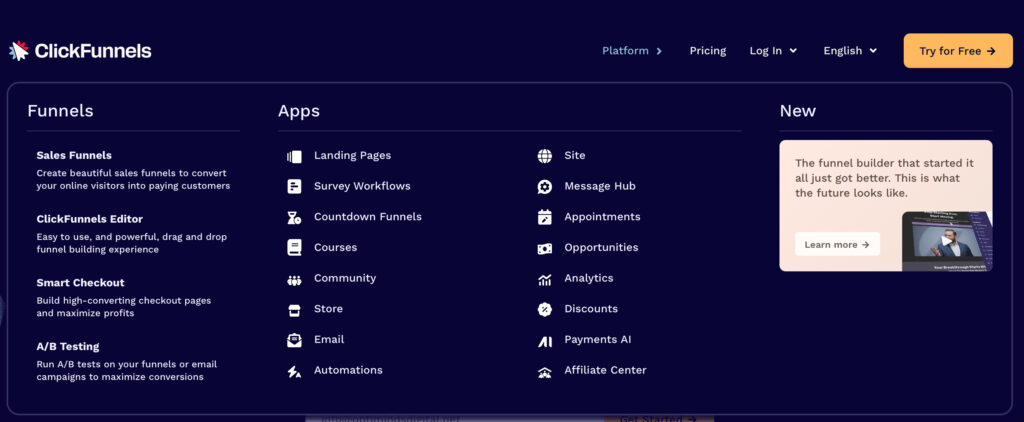 ClickFunnels sales funnel builder dashboard showing funnel steps and page structure